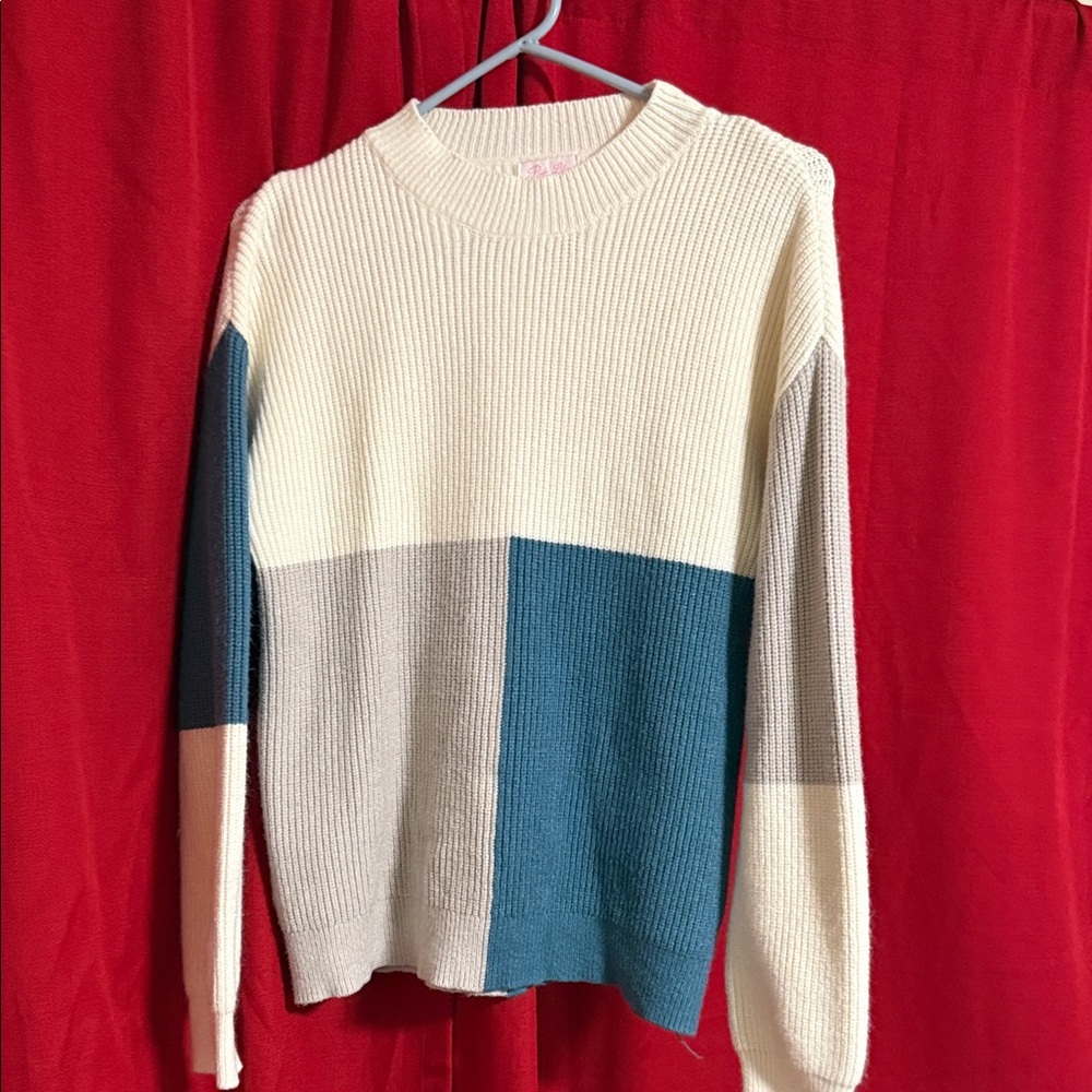 Pink Lily Color Block Sweater - Cream, Gray, Teal